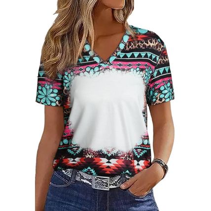 Green Western Print Bleached V Neck Short Sleeve Top