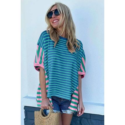 Blue Stripe Colorblock Patchwork Baggy T Shirt
