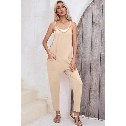 Apricot Side Pockets Harem Pants Sleeveless V Neck Jumpsuit