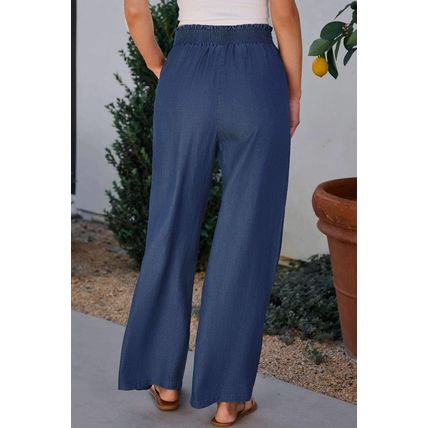 Sail Blue Side Pockets Frilled Smocked High Waist Wide Leg Jeans