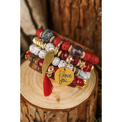 Red Dahlia 4pcs Boho Disc Tassel Wing Pendant Beaded Bracelet Set