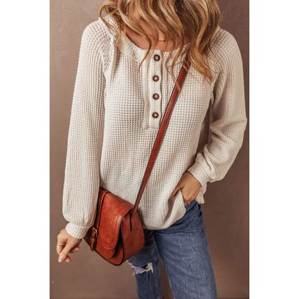 Oatmeal Waffle Knit Buttoned Front Raglan Sleeve Loose Blouse