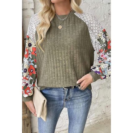 Laurel Green Floral Patchwork Long Sleeve Ribbed Blouse