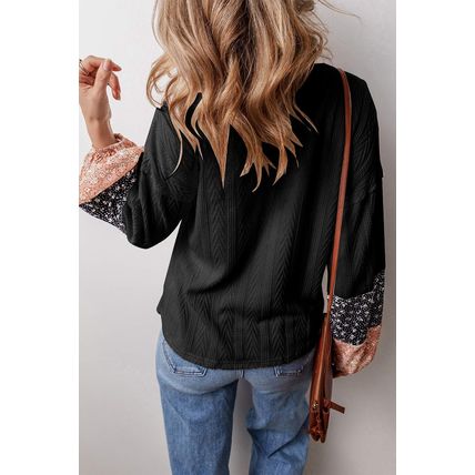Black Floral Patchwork Textured Knit Drawstring V Neck Blouse