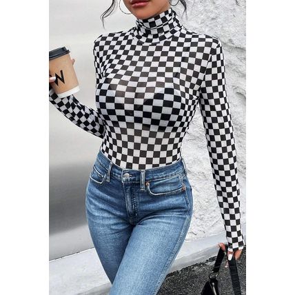 Black Checkered Printed Long Sleeve High Neck Bodysuit