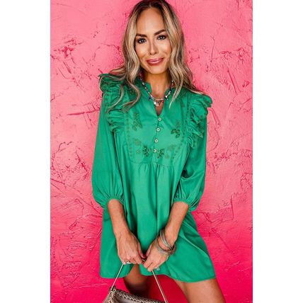 Bright Green Embroidered Ruffled Trim 3/4 Sleeve V Neck Mini Dress