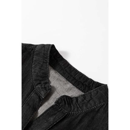 Black Chambray Ruffled 3/4 Sleeve Tiered Split V Neck Mini Dress