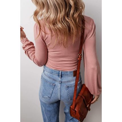 Fushia Plain V neck Long Sleeve Casual Bodysuit