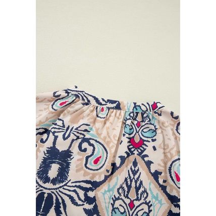 White Abstract Printed Notched V Neck Split Half Sleeve Blouse