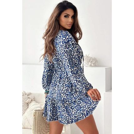 Blue Vintage Print Lace up V Neck Long Sleeve Mini Dress