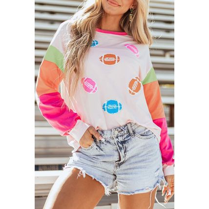 Pink GAME DAY Rugby Football Graphic Color Block Sleeve Top