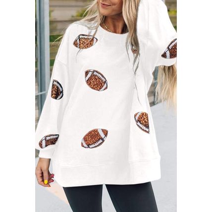 Beige Sequin Rugby Football Patched Pattern Crewneck Game Day Sweatshirt