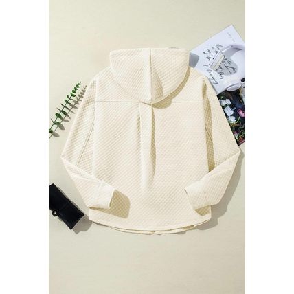 Apricot Textured Buttoned Neckline Side Pockets Hoodie
