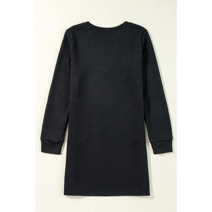 Black Solid Color Textured Long Sleeve Shift Dress