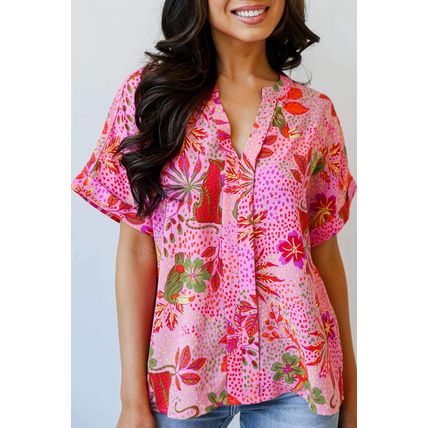 Rose Jungle Floral Print Notch V Neck Blouse