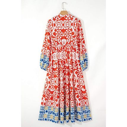 Orange Boho Geometric Printed Long Sleeve Maxi Dress
