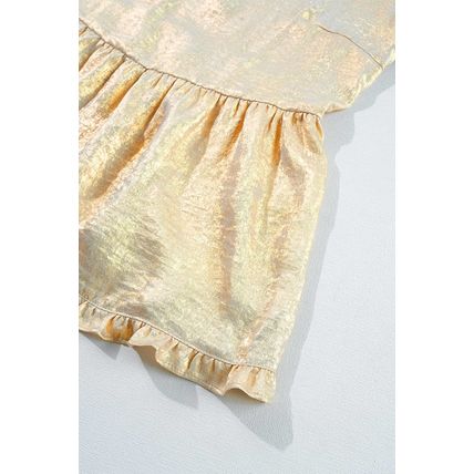 Gold Metallic Frilled V Neck Puff Sleeve Babydoll Blouse