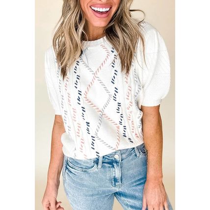 White Multicolor Stitch Detail Cable Knit Short Sleeve Sweater