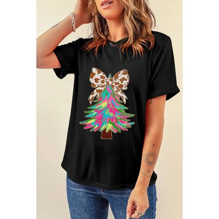 Black Heat Transfer Printing Christmas Tree Bowknot T-Shirt
