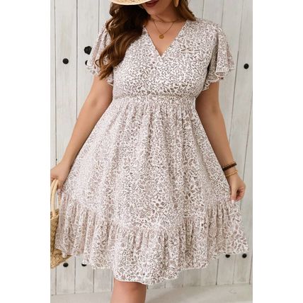 White Floral V Neck Ruffled Short Sleeve Plus Size Dress