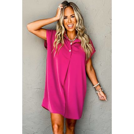 Rose Red Buttoned Collar Shift T-shirt Mini Dress