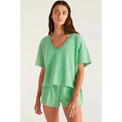 Mint Green V Neck Drop Shoulder Tee and Patchwork Drawstring Shorts Set