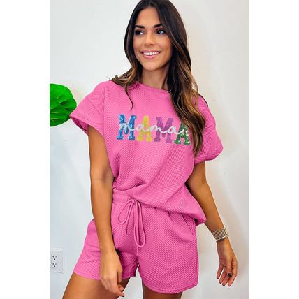 Strawberry Pink Sequined MAMA Letter Graphic Textured Short 2pcs Set