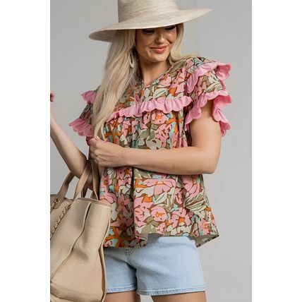 Multicolour Floral Tiered Ruffled Short Sleeve Blouse