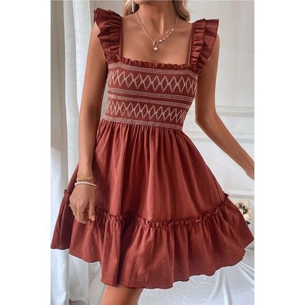 Red Sandalwood Geometric Stitch Shirred Bodice Ruffled Trim Sleeveless Mini Dres