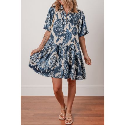 Blue Boho Floral Print Buttoned Collared Loose Fit Mini Dress