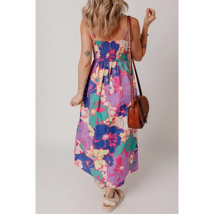 Purple Floral Print Shirred Spaghetti Strap Loose Maxi Dress