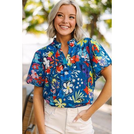 Blue Flower Print Collared V Neck Puff Short Sleeve Loose Blouse