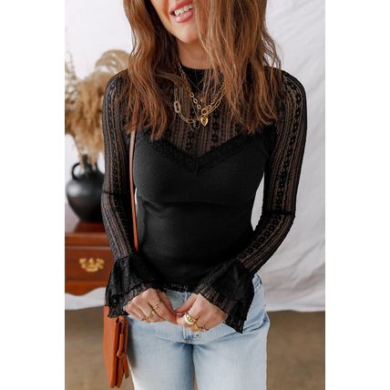 Black Lace Patchwork Flounce Sleeve Slim Fit Top