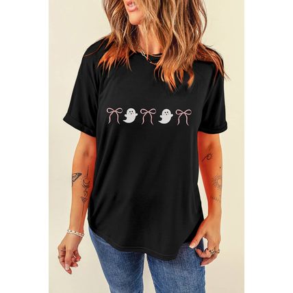 Black Halloween Ghost Bow Embroidered Loose T Shirt