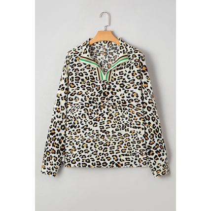Khaki Leopard Print Contrast Striped V Neck Blouse
