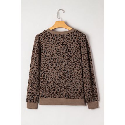 Brown Ribbed Trim Leopard Print Long Sleeve Top