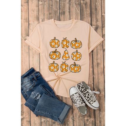 Khaki Floral Pumpkin Print Casual T Shirt