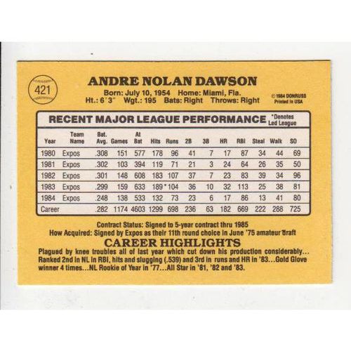 1985 Donruss Andre Dawson Baseball card #421 -NM- HOF-Expos