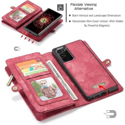 AKHVRS Handmade Premium Cowhide Leather Wallet Case for Galaxy Note 20-RED-NEW