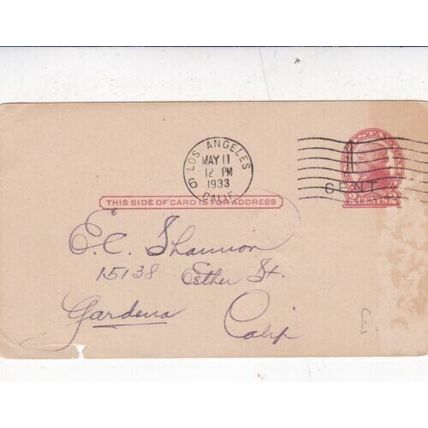 United States 1933 1c on 2c Jefferson Postal Card Los Angeles cancel written