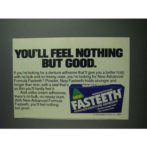 1984 Fasteeth Powder Denture Adhesive Ad - Feel Nothing