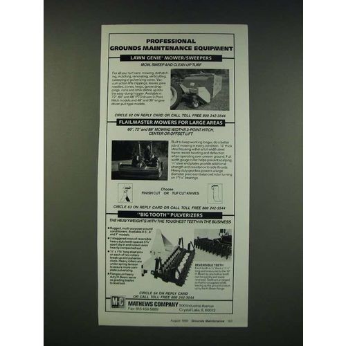1990 Mathews Company Ad - Lawn Genie Mower/Sweepers, Flailmaster Mowers