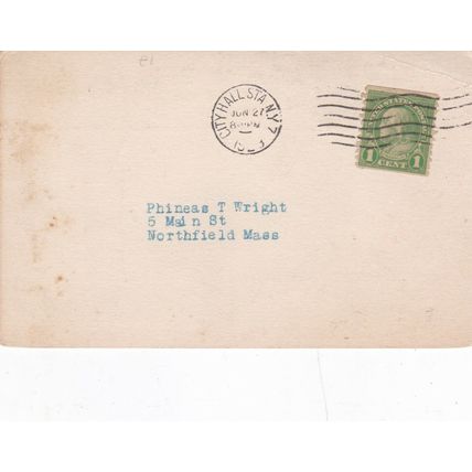 United States City Hall Station NYC to Northfield Mass 1929 Postal Card typed