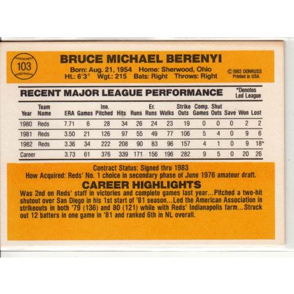 1983 Donruss baseball card 103 Bruce Berenyi