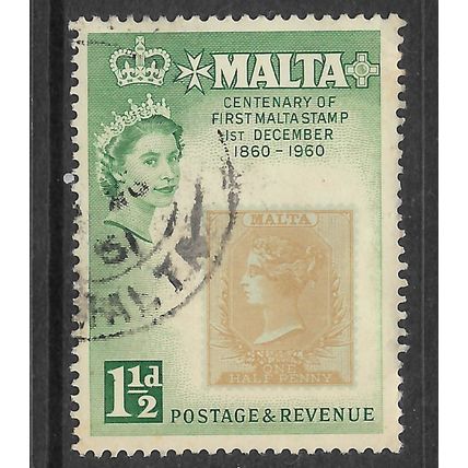 MALTA 1960 STAMP CENTENARY 1 1/2d PALE GREEN AND BUFF SG 301 FINE USED#4