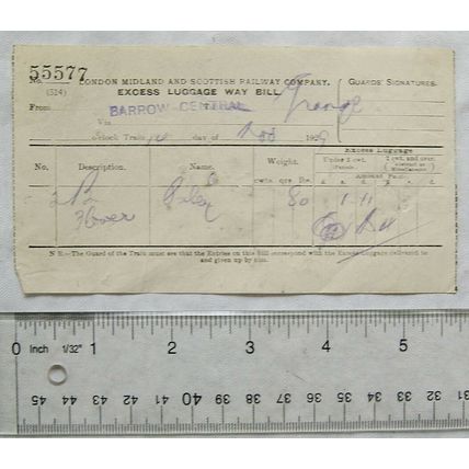 1929 London Midland & Scottish Railway excess luggage way bill, Barrow Central