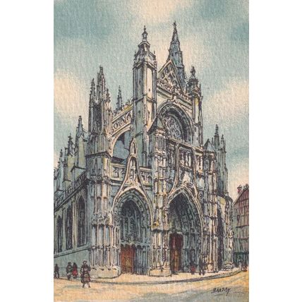 Caudebec En Caux L'Eglise Notre Dame Antique Linen Painting French Postcard