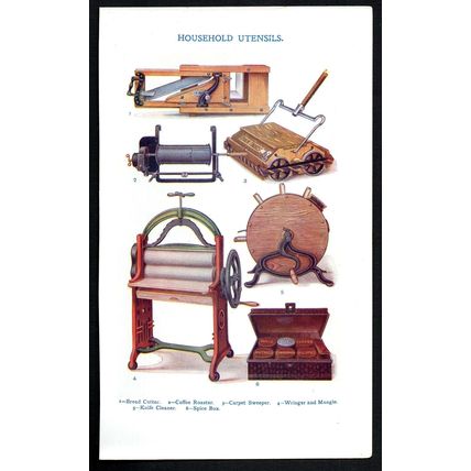 HOUSEHOLD UTENSILS - Coffee Roaster - MRS BEETON 1907 CHROMOLITHOGRAPH