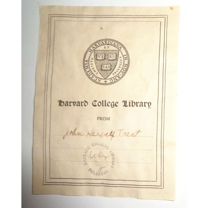 Harvard College Library Gift Bookplate - 19th century - John Harvey Treat