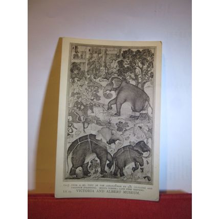 BOOK PAGE, AKBAR, ELEPHANTS unused postcard Victoria & Albert Museum Mogul =
